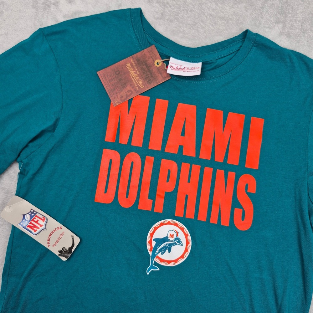 NWT Mitchell & Ness Miami Dolphins NFL Throwbacks Teal T-Shirt Kids Youth Large